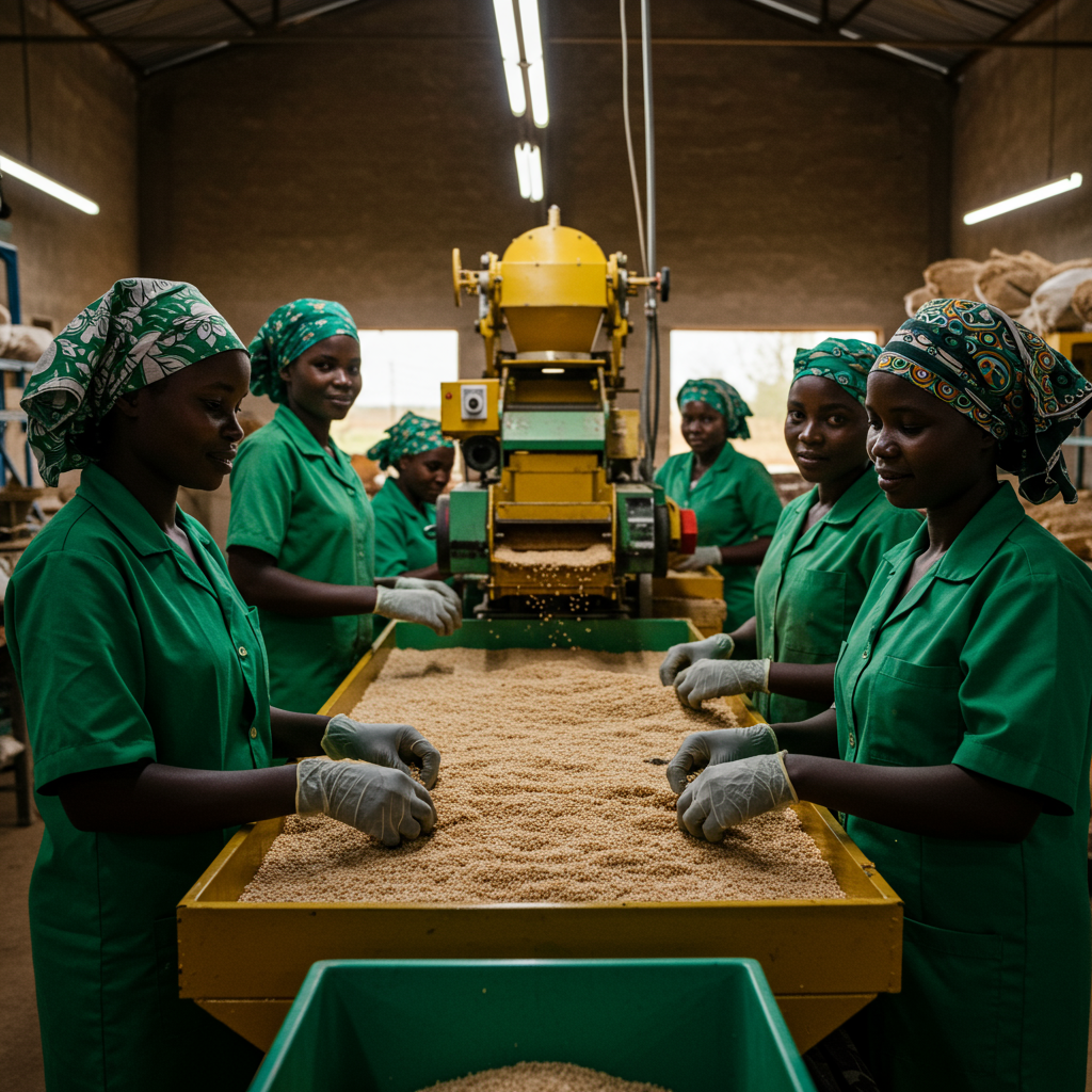 Équipe de femmes africaines professionnelles transformant des graines de sésame dans une installation agricole moderne au Mali